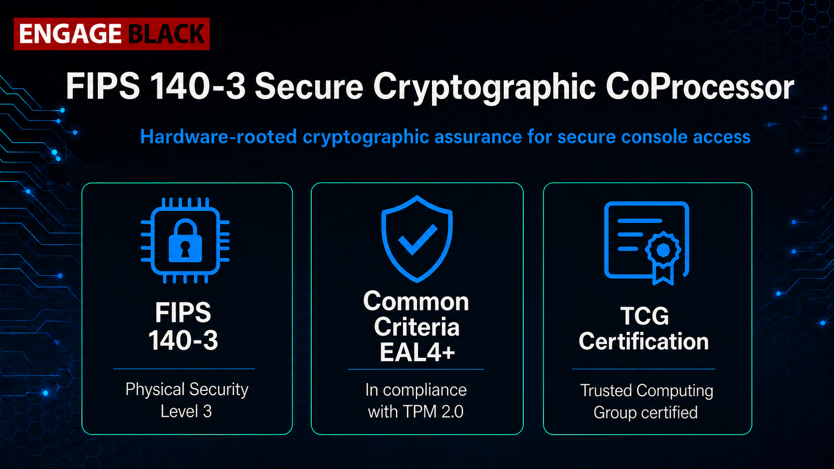 Secure cryptographic coprocessor assurance including FIPS 140-3, Common Criteria EAL4+, and TCG certification