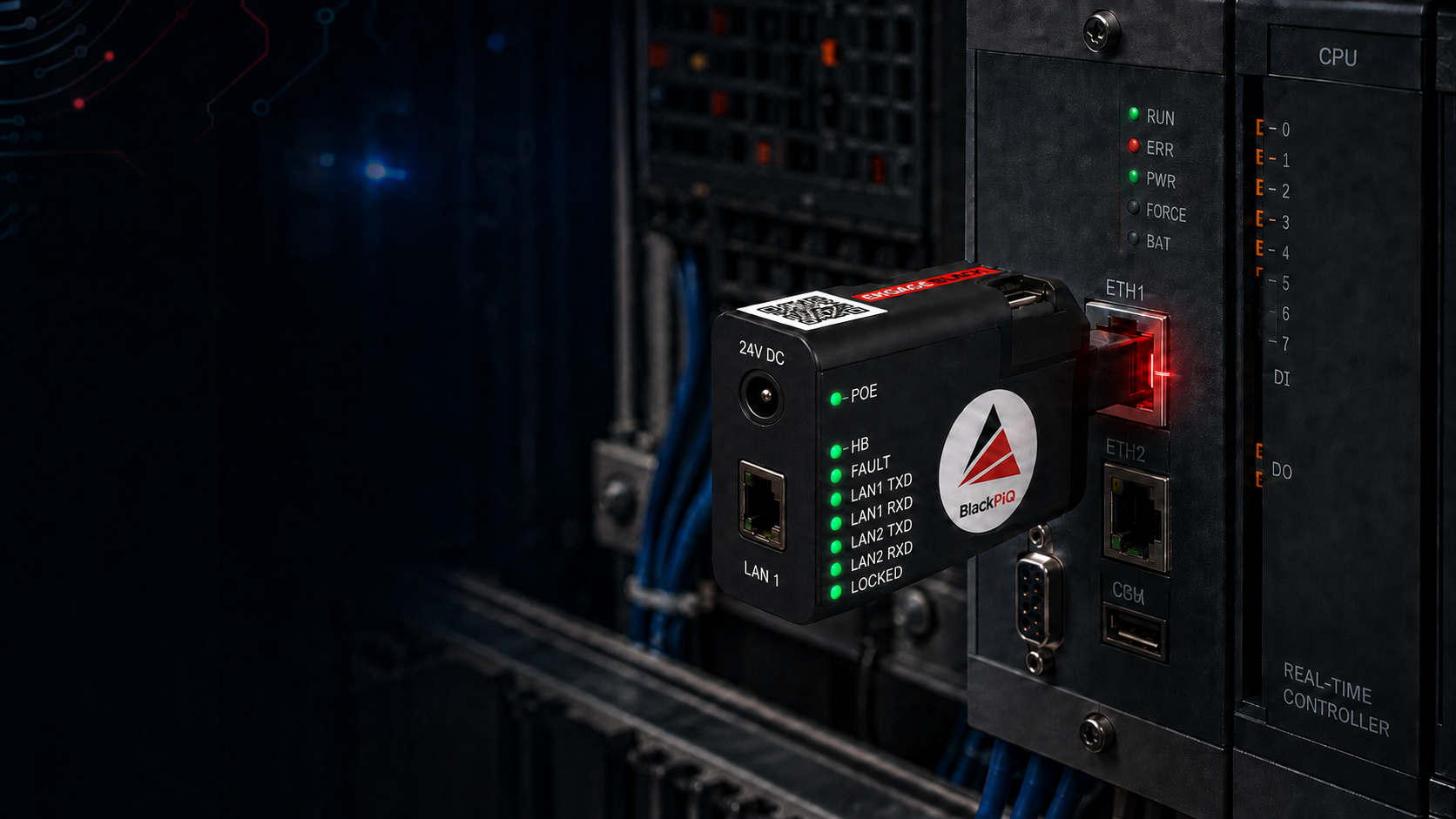 BlackPiQ with a 24V DC female power input secured to an industrial controller Ethernet interface