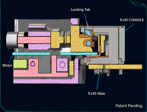 Cutaway of the motor-driven RJ45 locking mechanism