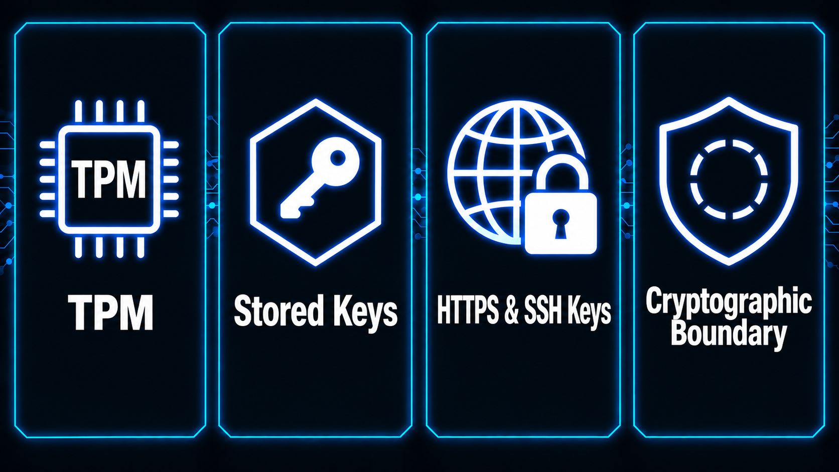 Four TPM-protected cryptography panels showing the TPM, stored keys, HTTPS and SSH keys, and the cryptographic boundary