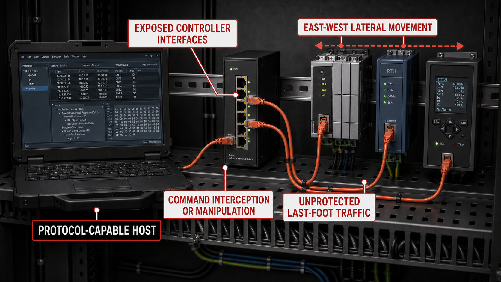 Protocol-capable host with callouts showing exposed controller interfaces, unprotected last-foot traffic, command interception or manipulation, and east-west lateral movement