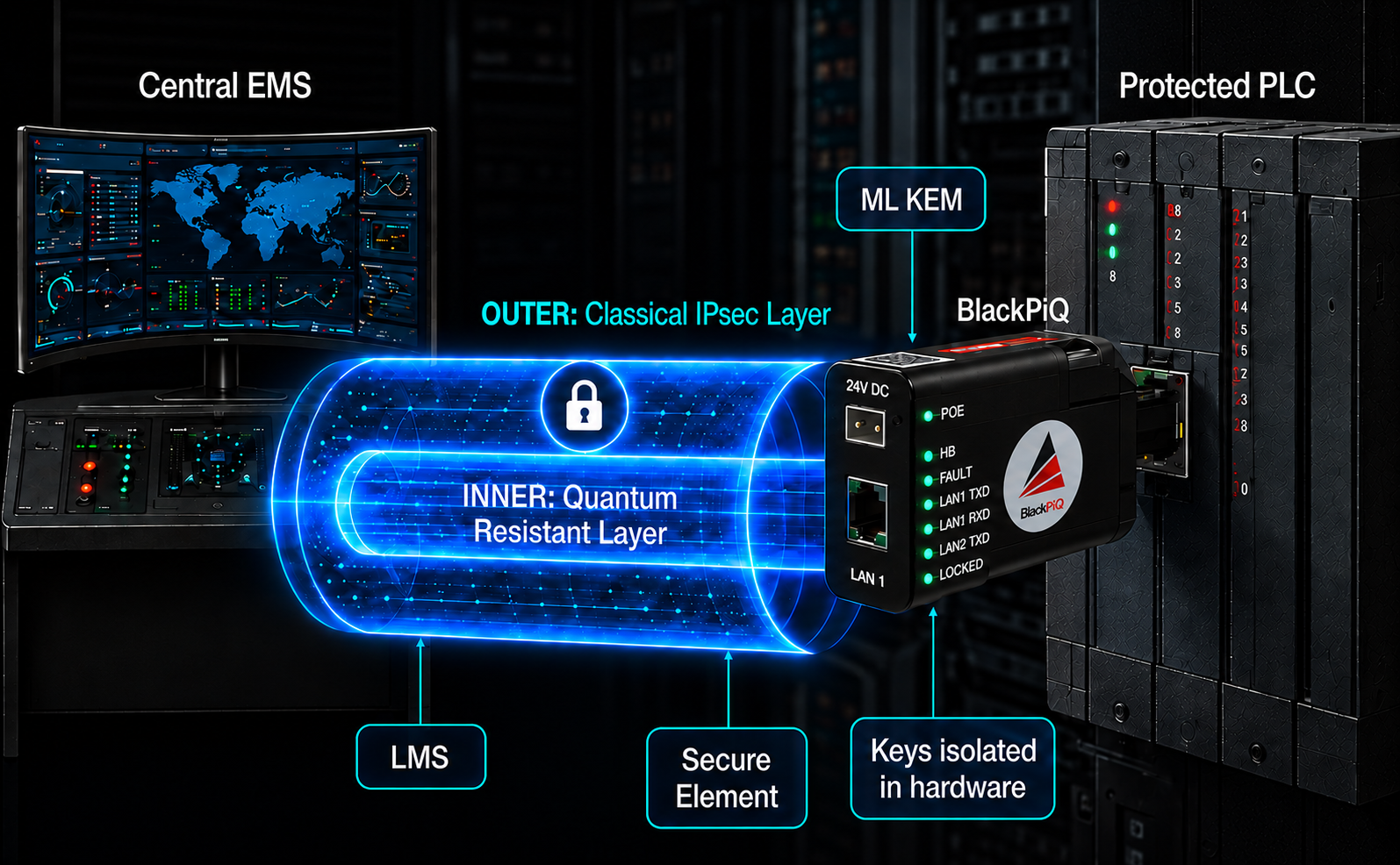 OT control system connected to a 24V-powered BlackPiQ and protected controller through conventional IPsec with an optional inner quantum-resistant conduit