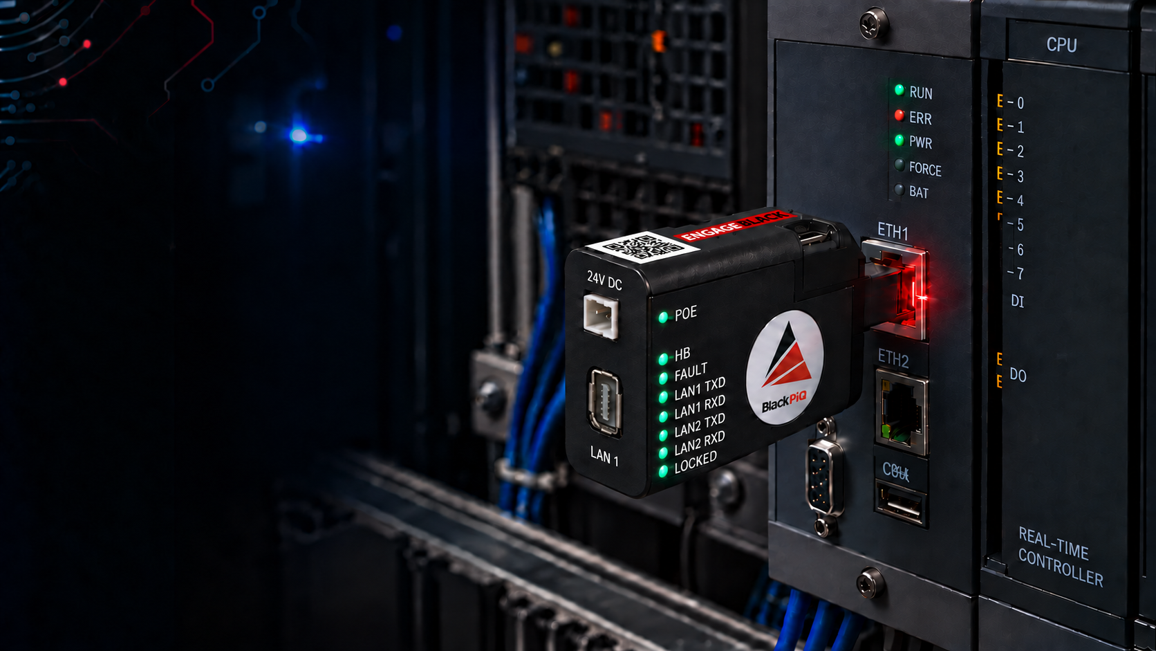 BlackPiQ with a 24V DC female power input secured to an industrial controller Ethernet interface